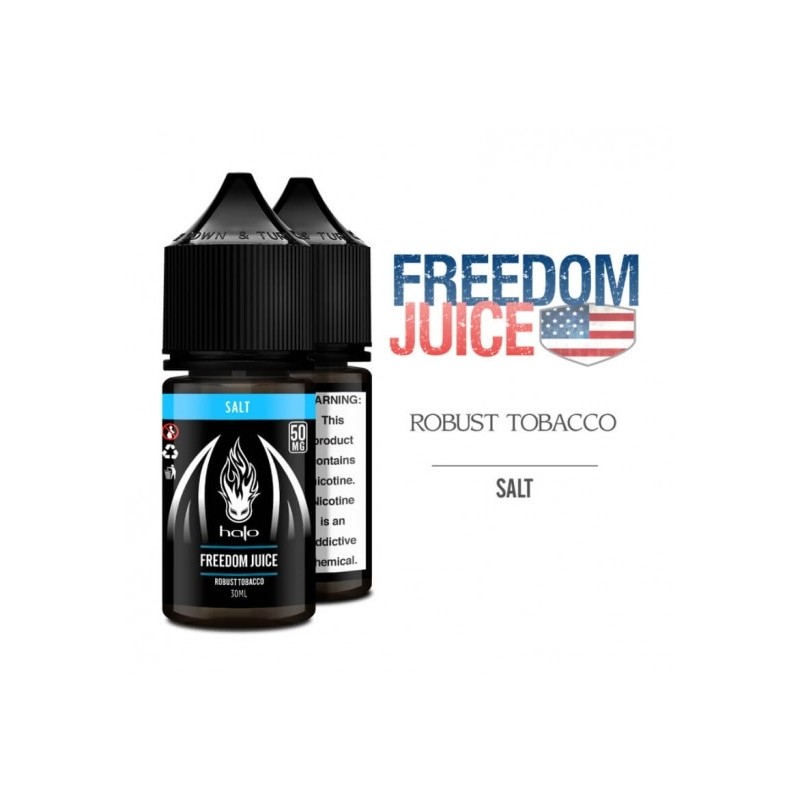 Halo Freedom Juice Salt Likit 30ml, Robust Tobacco aromalı, siyah şişe.