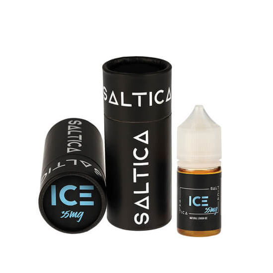 Saltica Ice Salt Likit 35mg, siyah kutu ve şişe ambalajı.