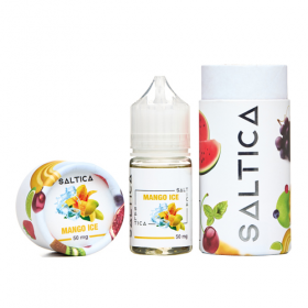 Saltica Mango Ice Salt Likit 50 mg şişe ve kutu seti.